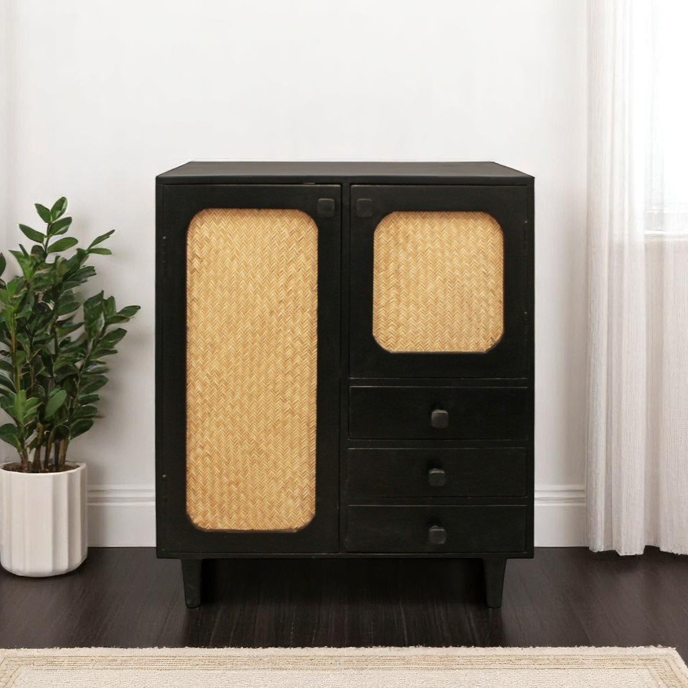 32" Black Distressed Solid Wood Three Drawer Sideboard with Two Doors HomeRoots