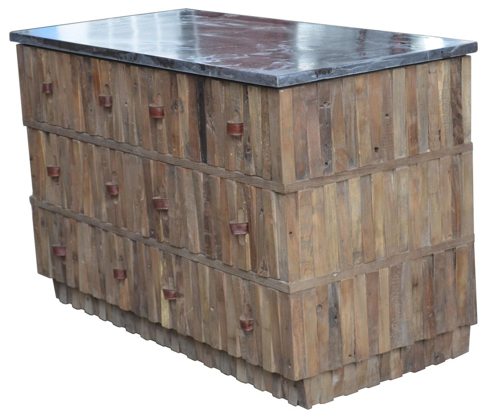 47" Brown Distressed Reclaimed Wood Carved Geometric Six Drawer Buffet Table HomeRoots