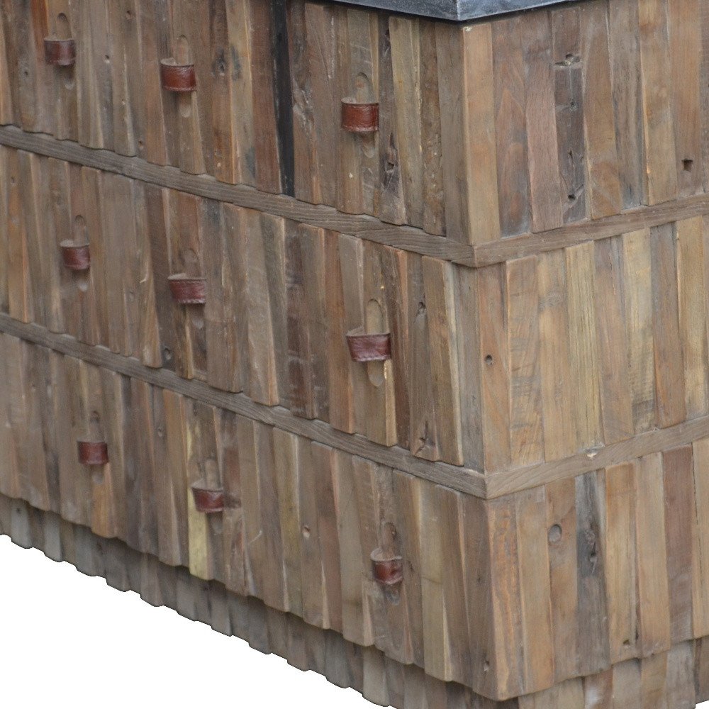 47" Brown Distressed Reclaimed Wood Carved Geometric Six Drawer Buffet Table HomeRoots