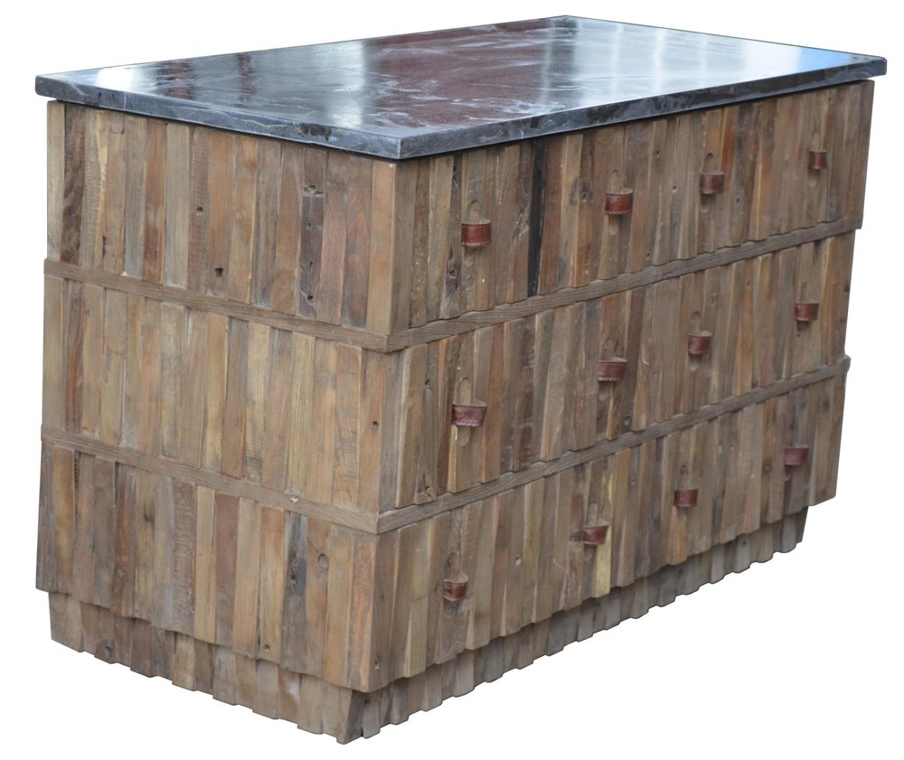 47" Brown Distressed Reclaimed Wood Carved Geometric Six Drawer Buffet Table HomeRoots