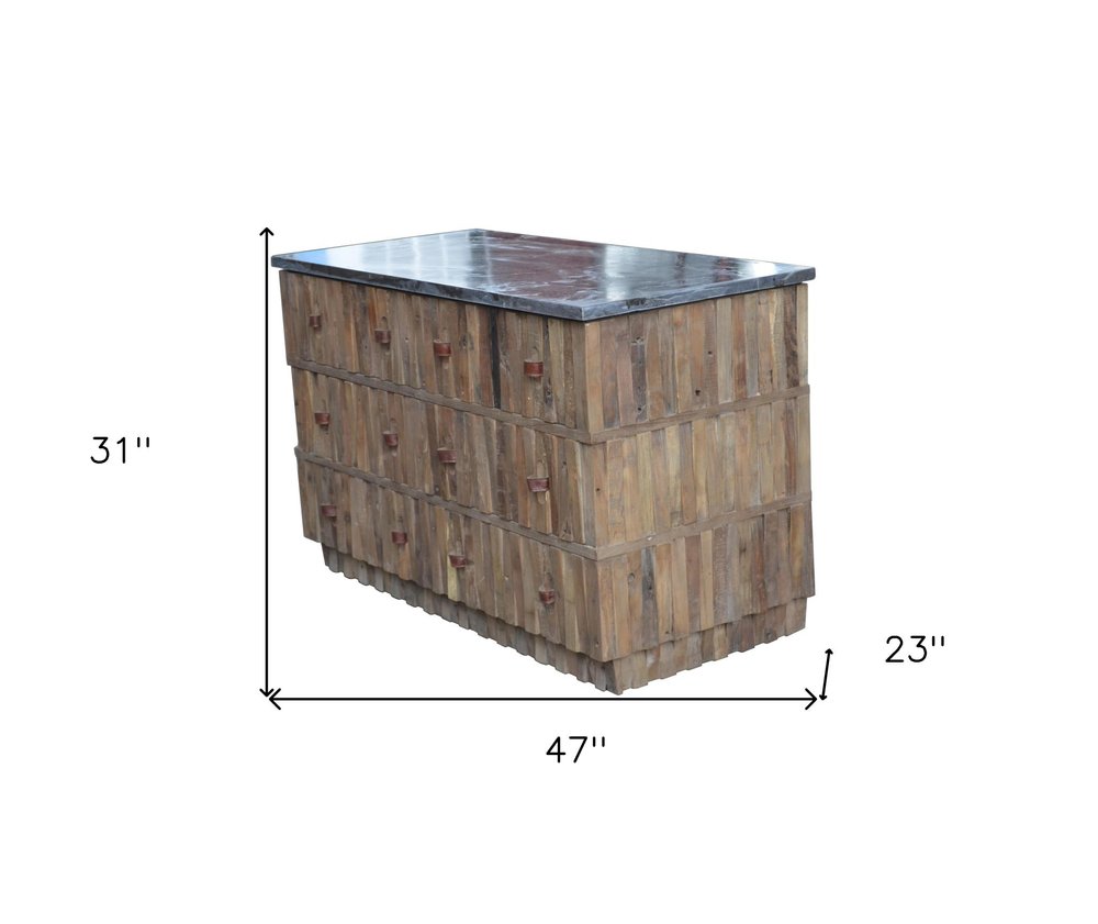 47" Brown Distressed Reclaimed Wood Carved Geometric Six Drawer Buffet Table HomeRoots