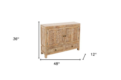 48" White Distressed Solid Wood Carved Floral Two Drawer Sideboard With Two Doors HomeRoots