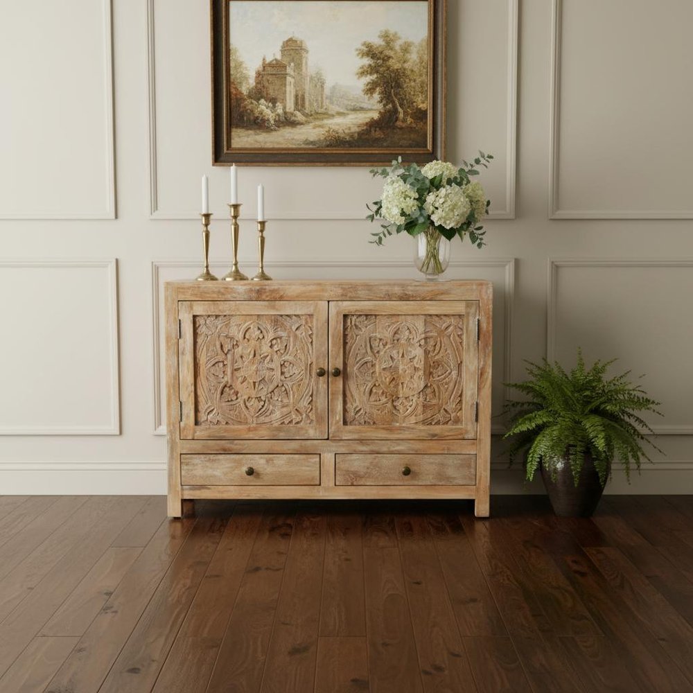 48" White Distressed Solid Wood Carved Floral Two Drawer Sideboard With Two Doors HomeRoots