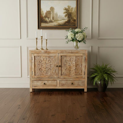 48" White Distressed Solid Wood Carved Floral Two Drawer Sideboard With Two Doors HomeRoots
