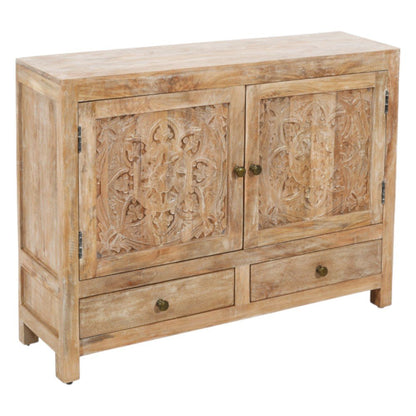 48" White Distressed Solid Wood Carved Floral Two Drawer Sideboard With Two Doors HomeRoots