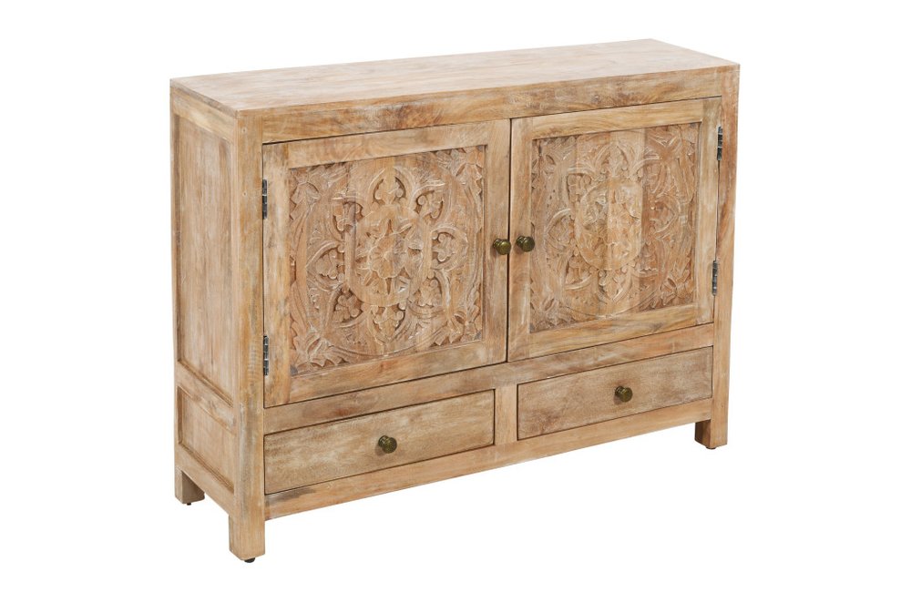 48" White Distressed Solid Wood Carved Floral Two Drawer Sideboard With Two Doors HomeRoots