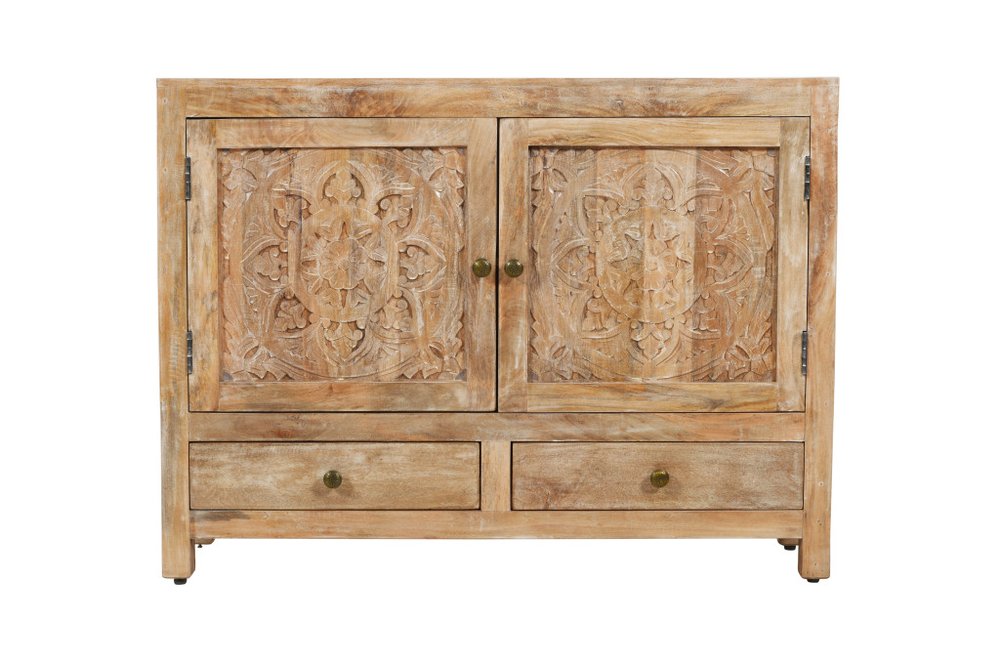 48" White Distressed Solid Wood Carved Floral Two Drawer Sideboard With Two Doors HomeRoots