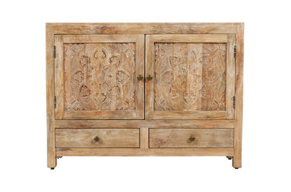 48" White Distressed Solid Wood Carved Floral Two Drawer Sideboard With Two Doors HomeRoots