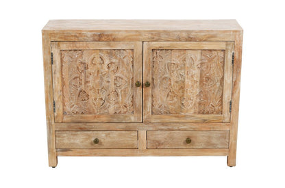 48" White Distressed Solid Wood Carved Floral Two Drawer Sideboard With Two Doors HomeRoots
