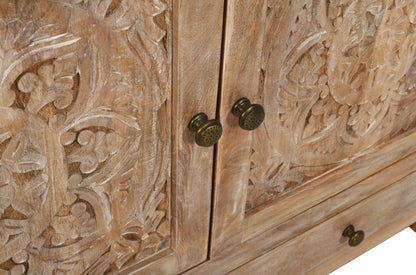 48" White Distressed Solid Wood Carved Floral Two Drawer Sideboard With Two Doors HomeRoots