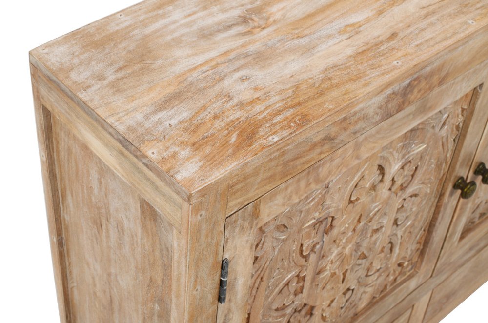 48" White Distressed Solid Wood Carved Floral Two Drawer Sideboard With Two Doors HomeRoots