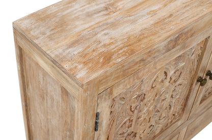 48" White Distressed Solid Wood Carved Floral Two Drawer Sideboard With Two Doors HomeRoots