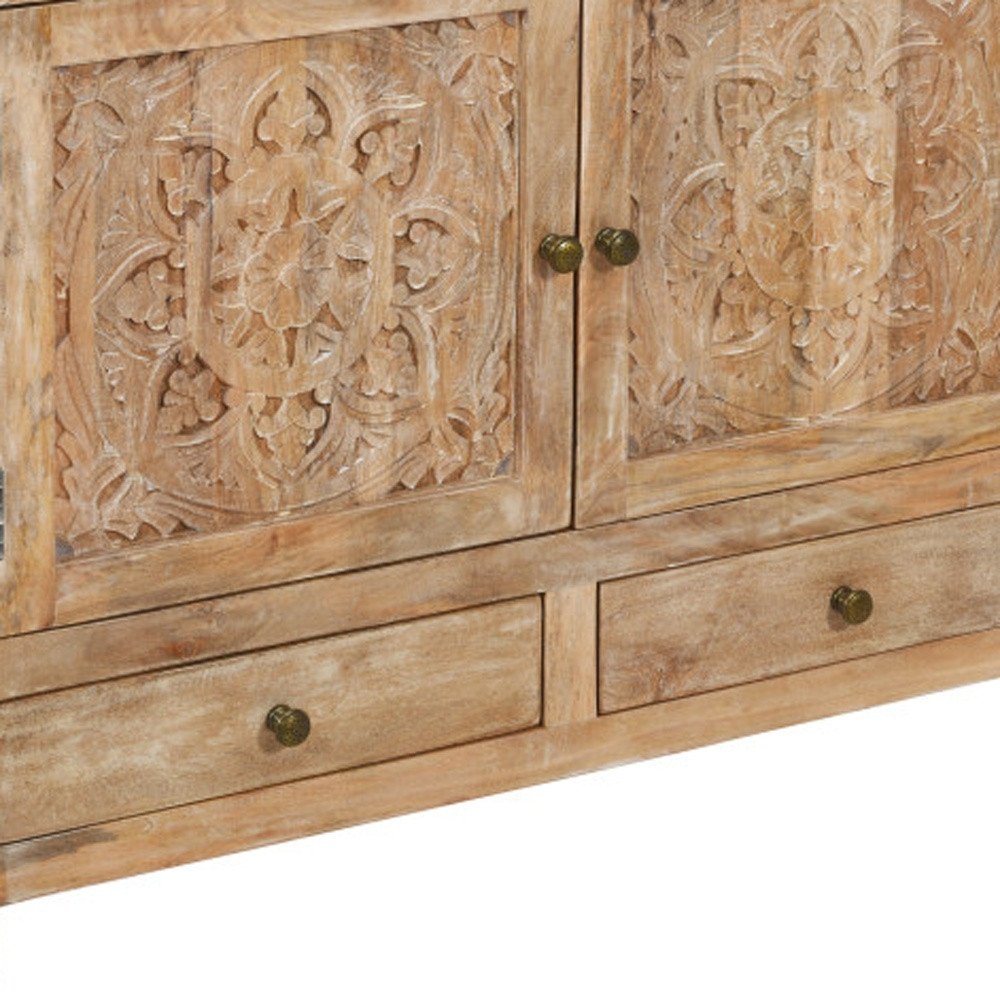 48" White Distressed Solid Wood Carved Floral Two Drawer Sideboard With Two Doors HomeRoots