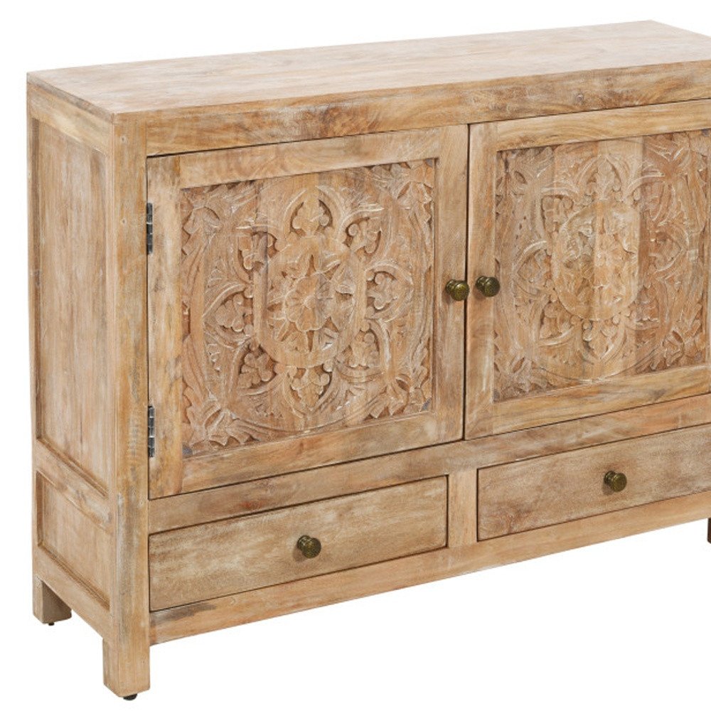 48" White Distressed Solid Wood Carved Floral Two Drawer Sideboard With Two Doors HomeRoots