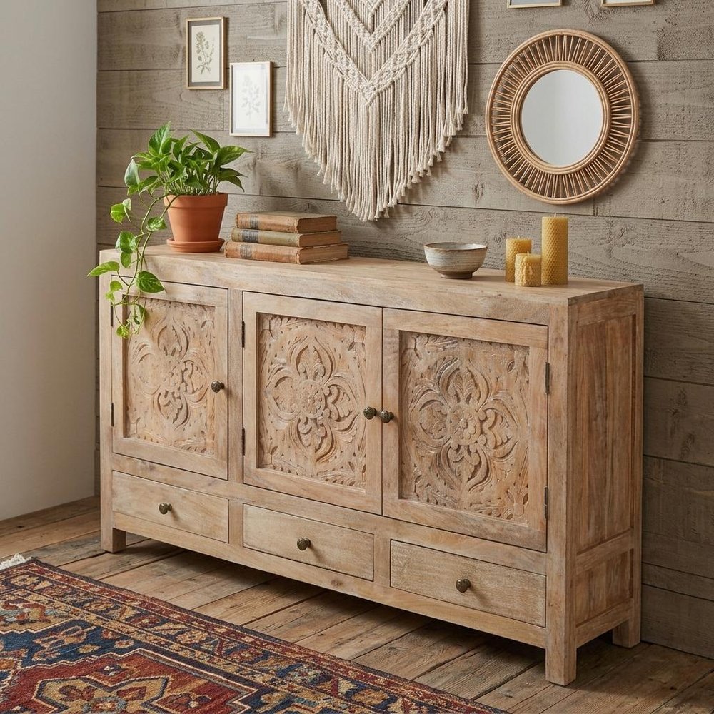 64" Natural Solid Wood Carved Floral Three Drawer Sideboard With Three Doors — view 10