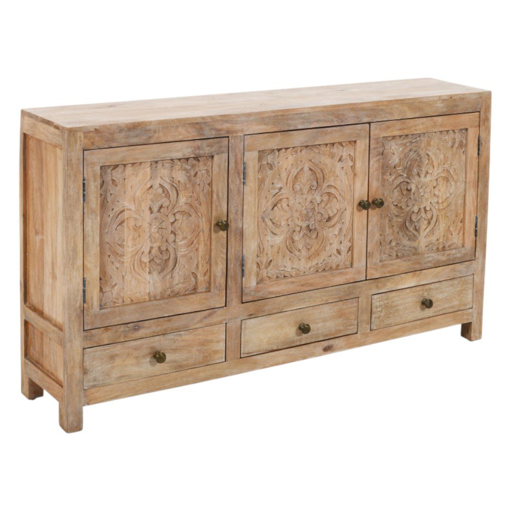 64" Natural Solid Wood Carved Floral Three Drawer Sideboard With Three Doors — view 9