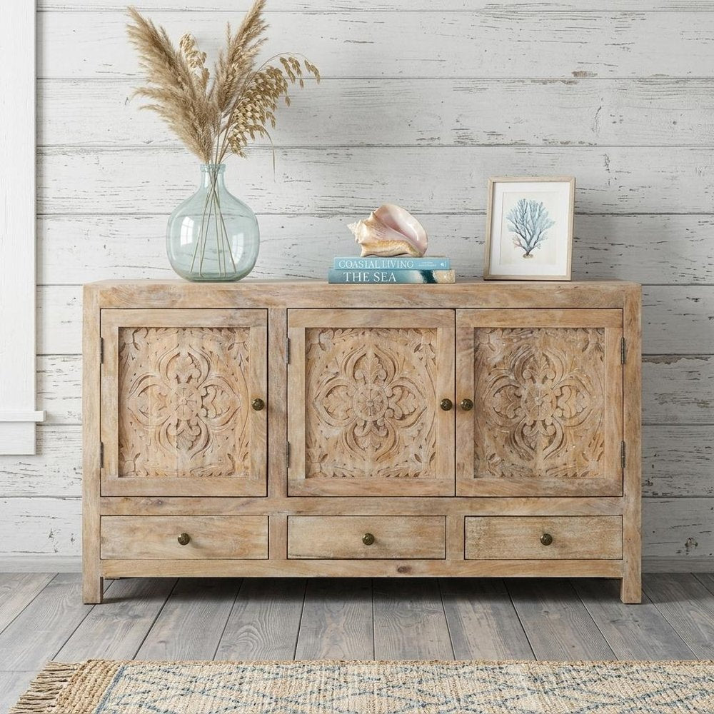 64" Natural Solid Wood Carved Floral Three Drawer Sideboard With Three Doors — view 11