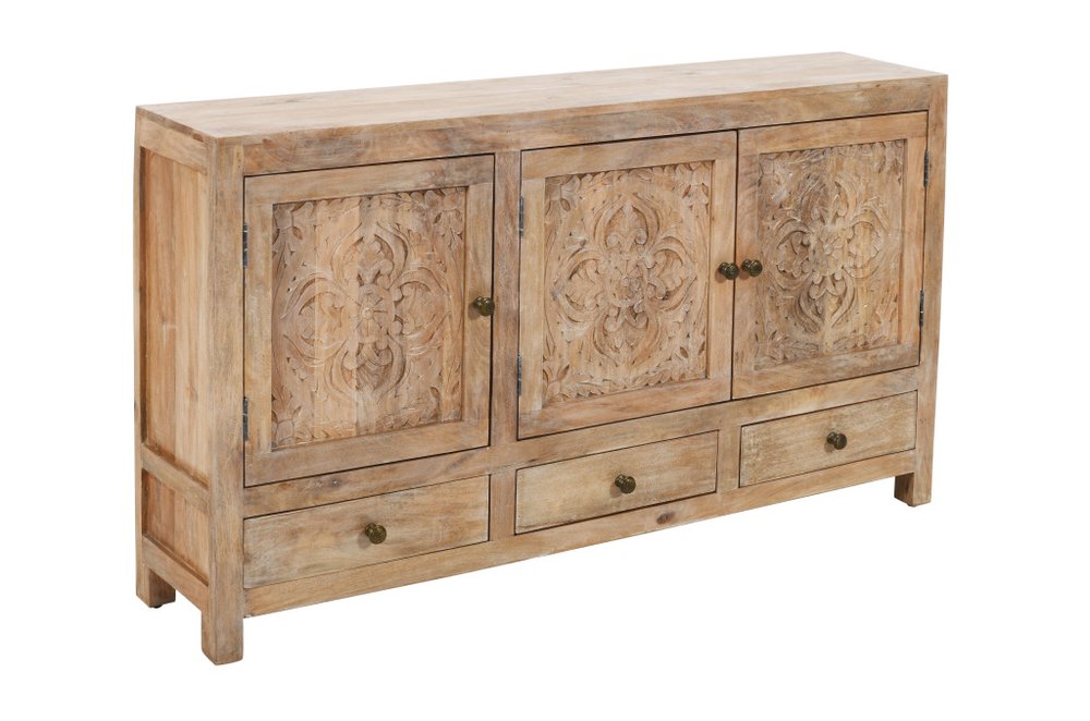 64" Natural Solid Wood Carved Floral Three Drawer Sideboard With Three Doors — view 1