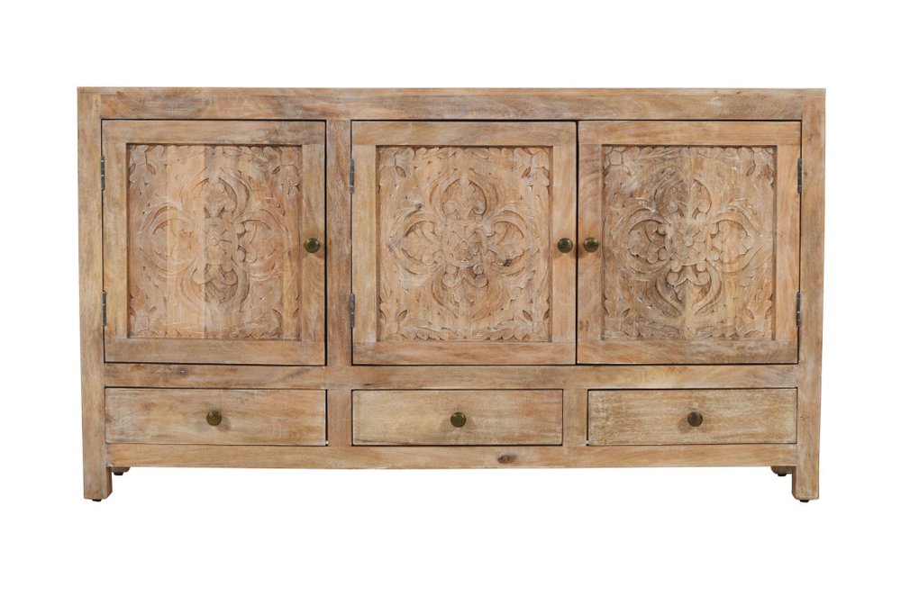 64" Natural Solid Wood Carved Floral Three Drawer Sideboard With Three Doors — view 2