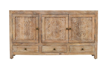 64" Natural Solid Wood Carved Floral Three Drawer Sideboard With Three Doors