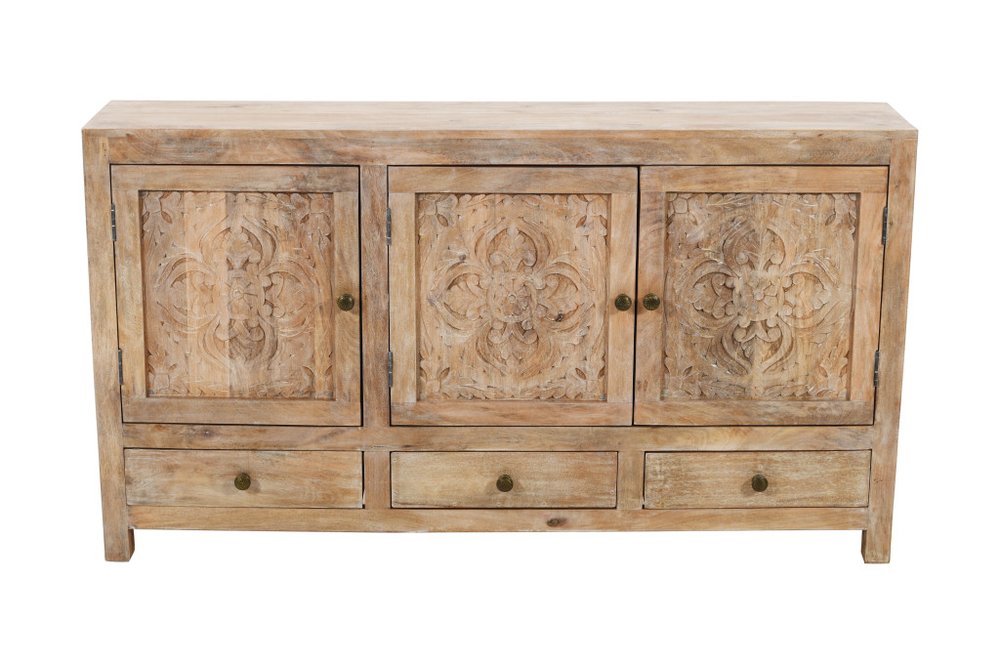 64" Natural Solid Wood Carved Floral Three Drawer Sideboard With Three Doors — view 3