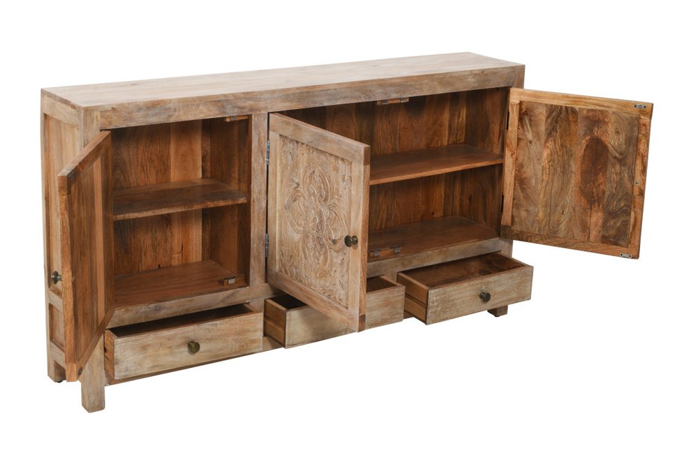 64" Natural Solid Wood Carved Floral Three Drawer Sideboard With Three Doors — view 4