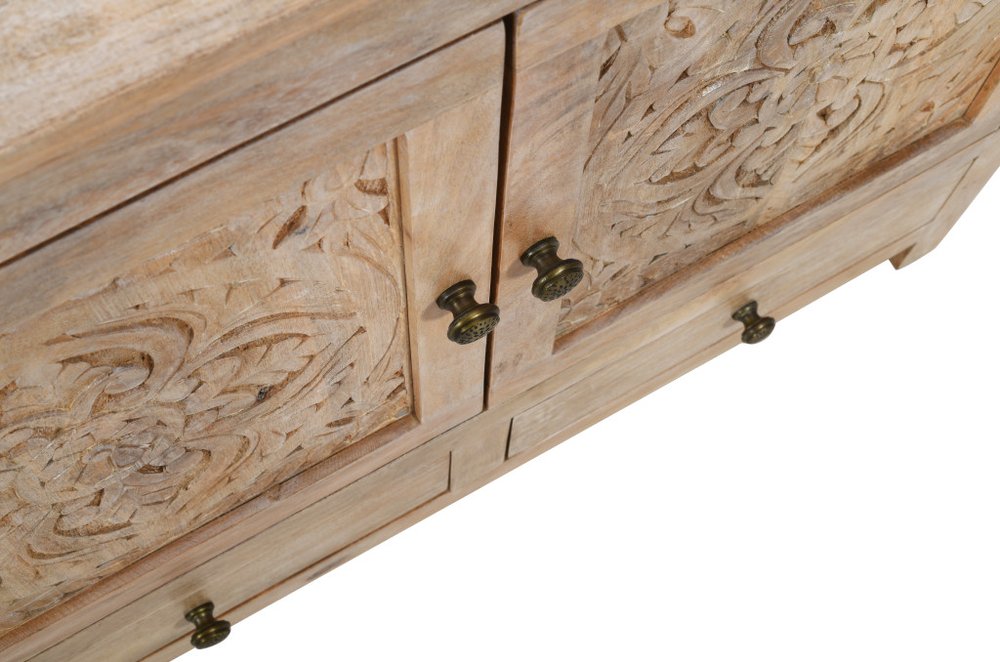 64" Natural Solid Wood Carved Floral Three Drawer Sideboard With Three Doors — view 5
