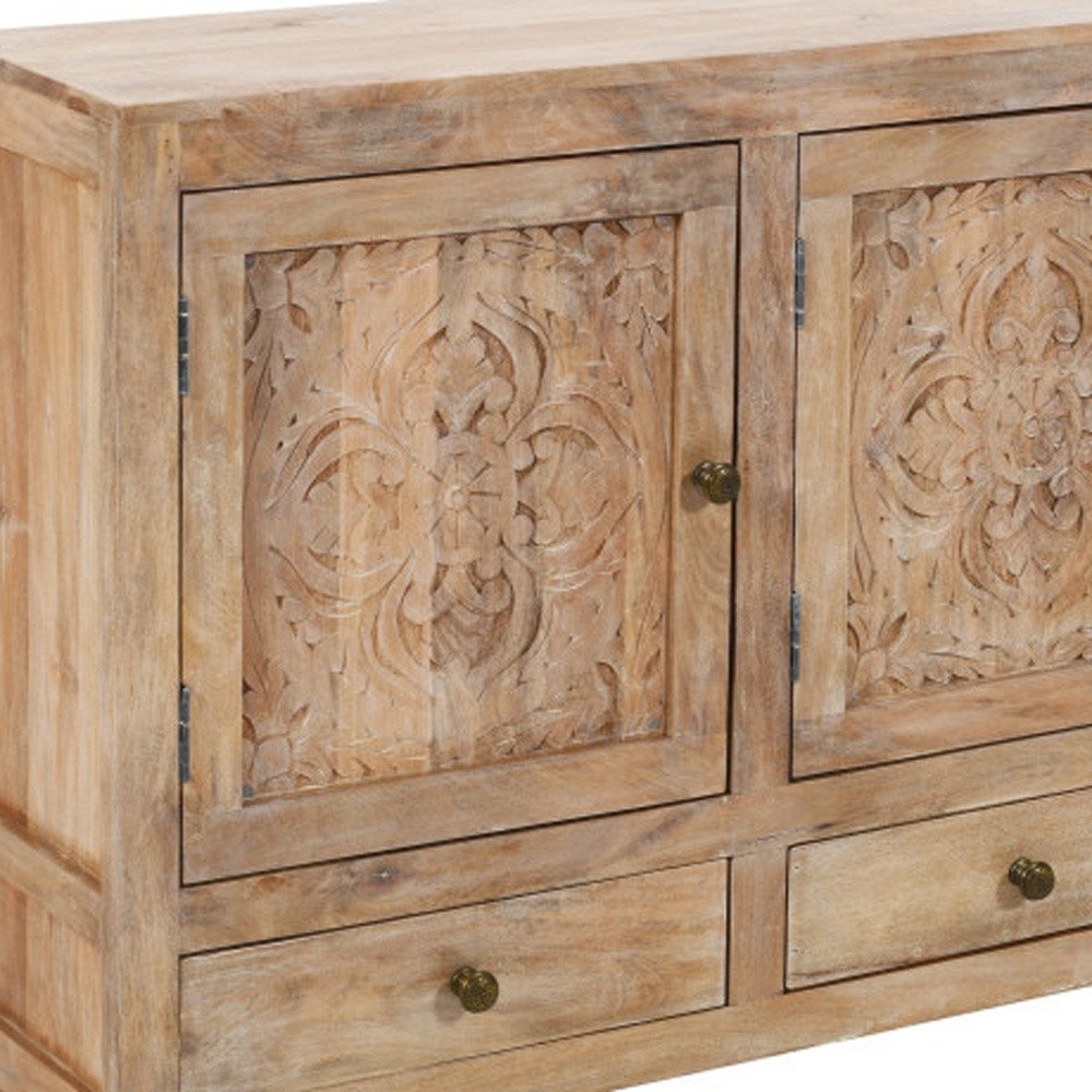 64" Natural Solid Wood Carved Floral Three Drawer Sideboard With Three Doors — view 6