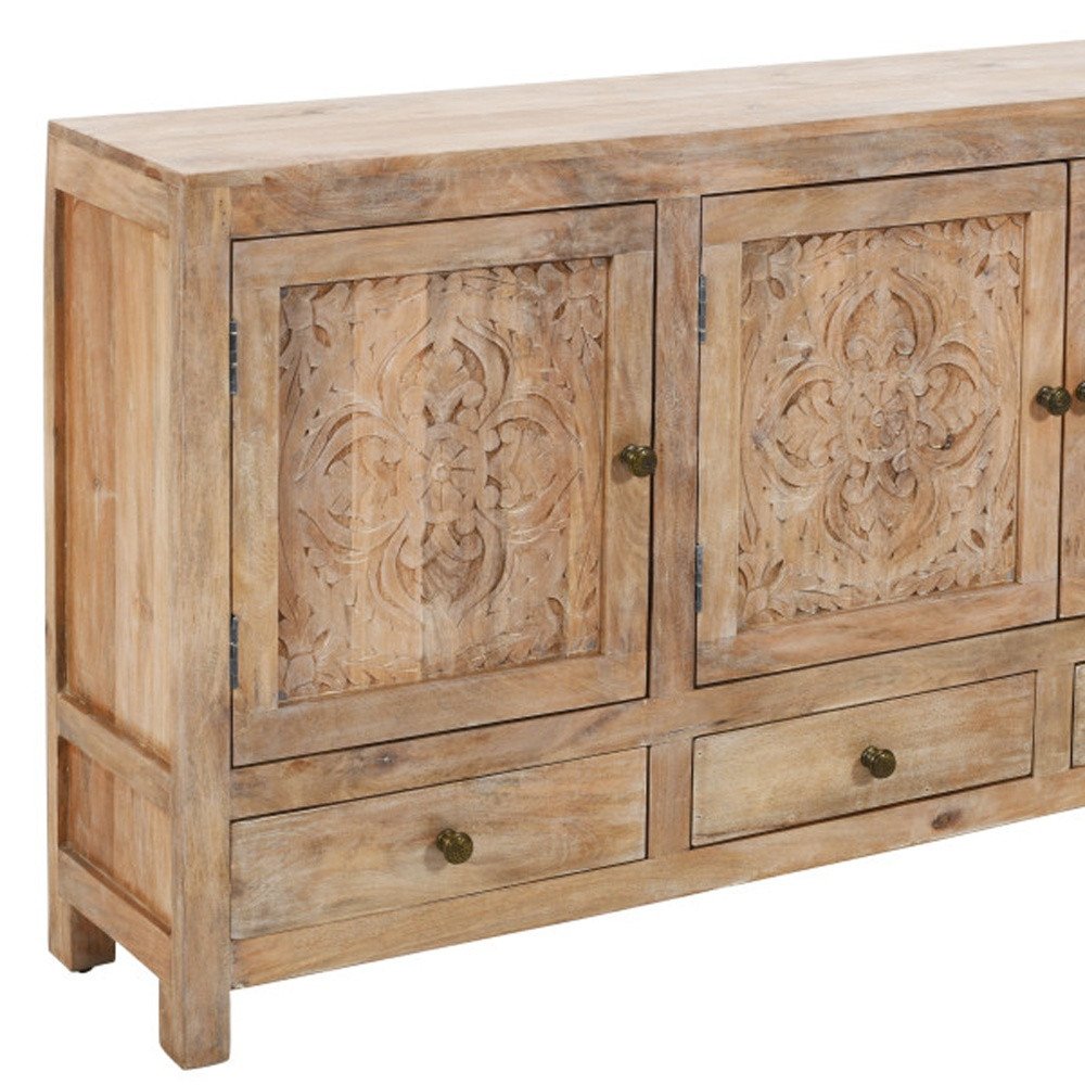 64" Natural Solid Wood Carved Floral Three Drawer Sideboard With Three Doors — view 7