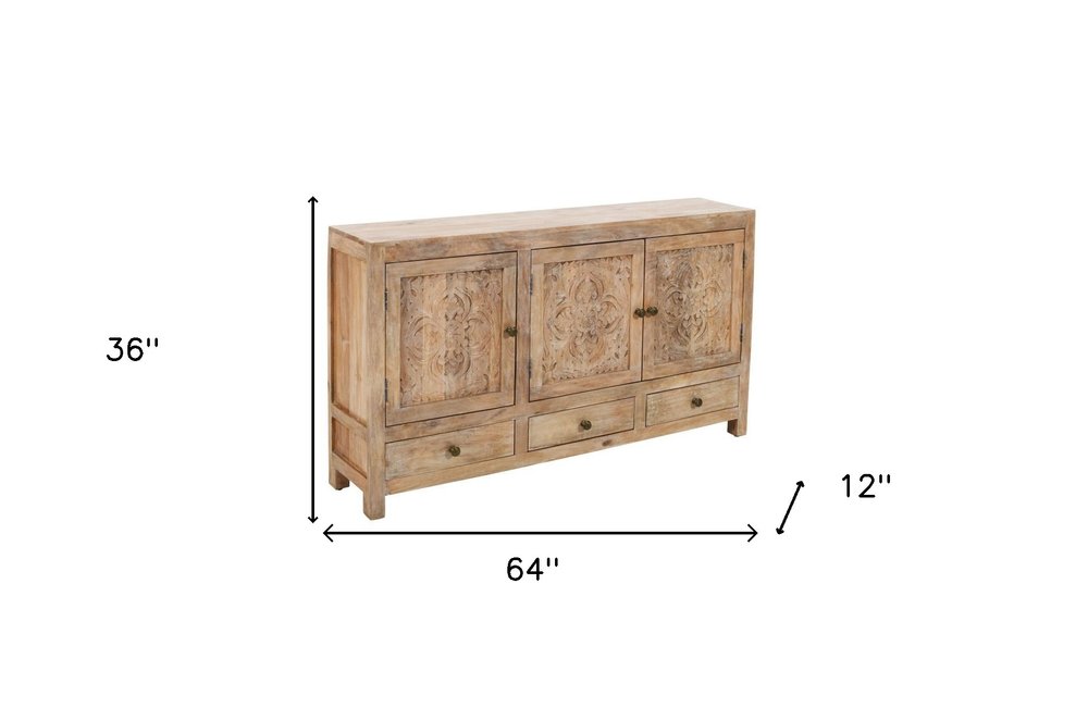 64" Natural Solid Wood Carved Floral Three Drawer Sideboard With Three Doors — view 8