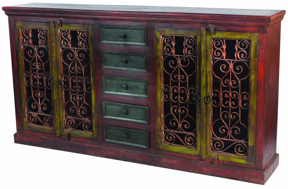 82" Red Distressed Solid Wood Five Drawer Buffet Table with Four Doors HomeRoots
