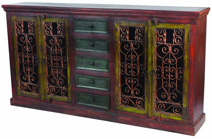 82" Red Distressed Solid Wood Five Drawer Buffet Table with Four Doors HomeRoots