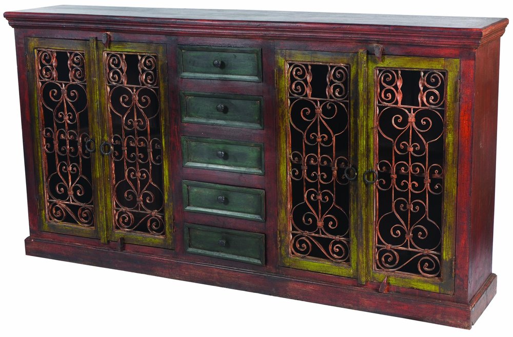 82" Brown And Red Distressed Solid Wood And Iron Carved Scrollwork Five Drawer Buffet Table With Four Doors — view 1