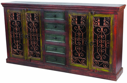 82" Brown And Red Distressed Solid Wood And Iron Carved Scrollwork Five Drawer Buffet Table With Four Doors HomeRoots