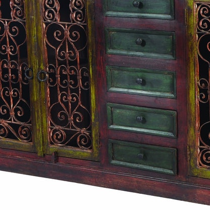 82" Red Distressed Solid Wood Five Drawer Buffet Table with Four Doors HomeRoots