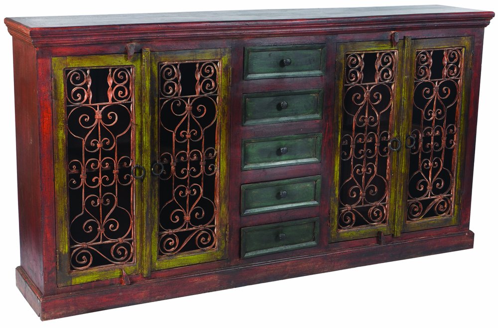 82" Red Distressed Solid Wood Five Drawer Buffet Table with Four Doors HomeRoots