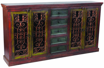 82" Red Distressed Solid Wood Five Drawer Buffet Table with Four Doors HomeRoots