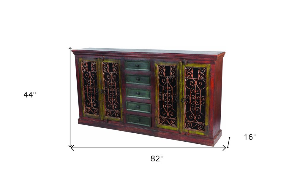 82" Red Distressed Solid Wood Five Drawer Buffet Table with Four Doors HomeRoots