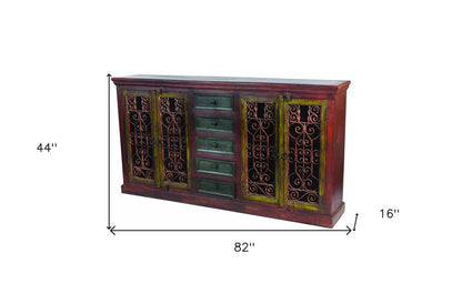 82" Red Distressed Solid Wood Five Drawer Buffet Table with Four Doors HomeRoots
