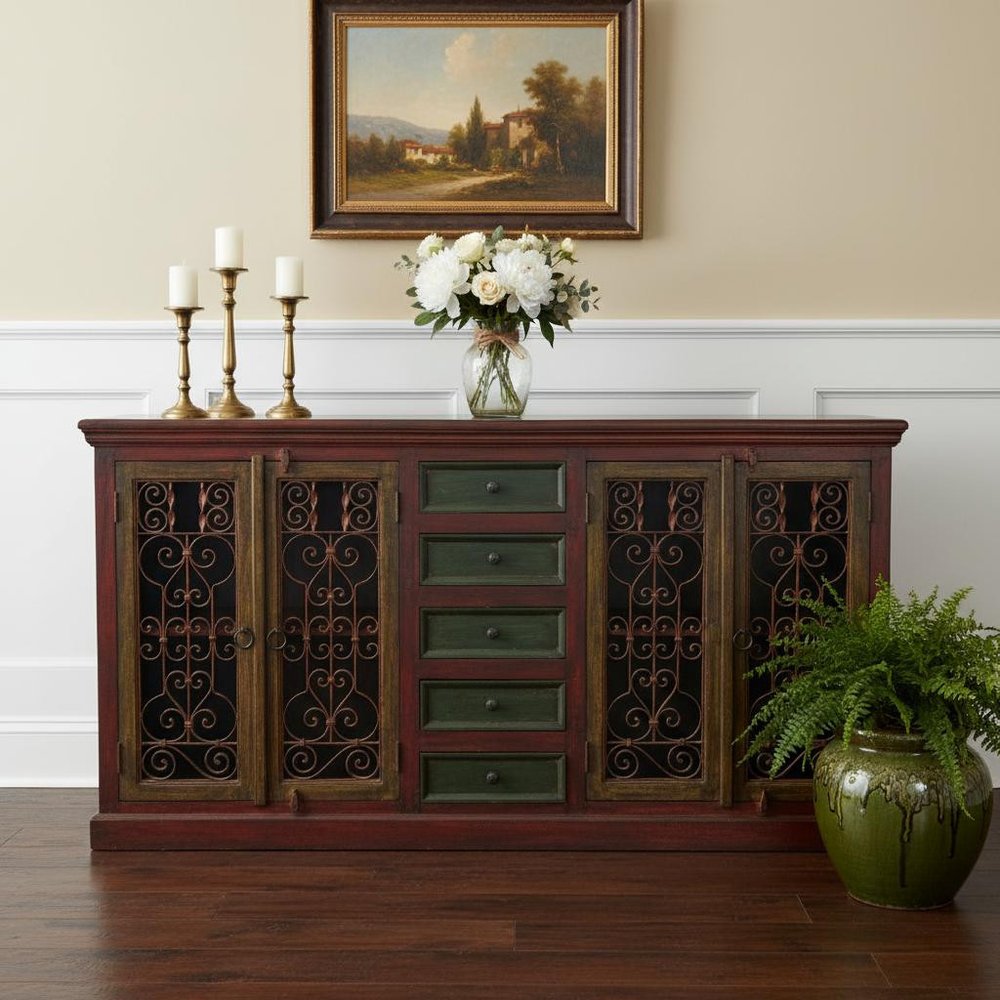 82" Brown And Red Distressed Solid Wood And Iron Carved Scrollwork Five Drawer Buffet Table With Four Doors HomeRoots