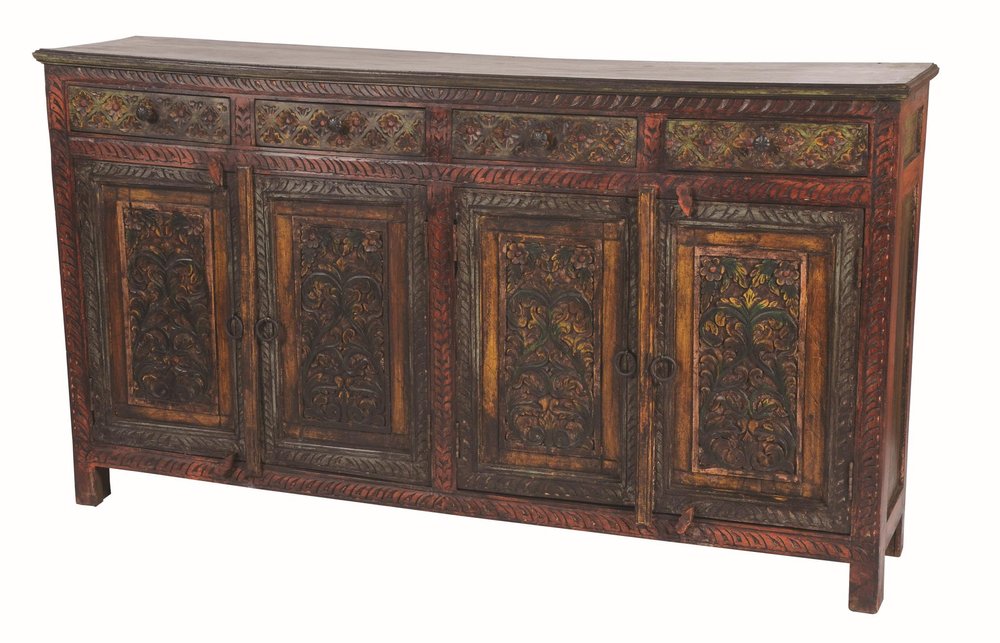 75" Red Distressed Solid Wood Carved Scrollwork Four Drawer Buffet Table With Four Doors HomeRoots