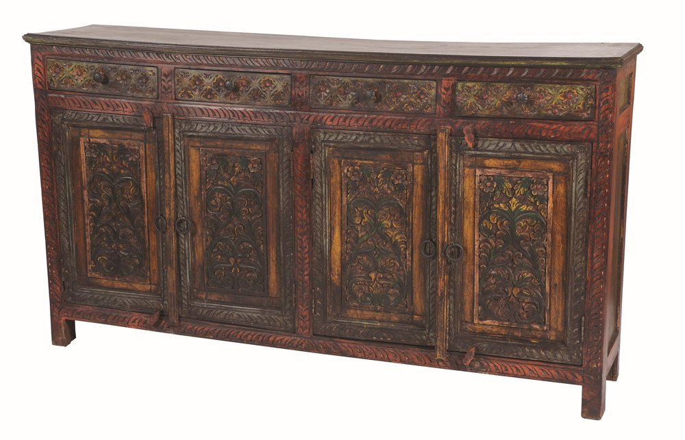 75" Red Distressed Solid Wood Carved Scrollwork Four Drawer Buffet Table with Four Doors HomeRoots