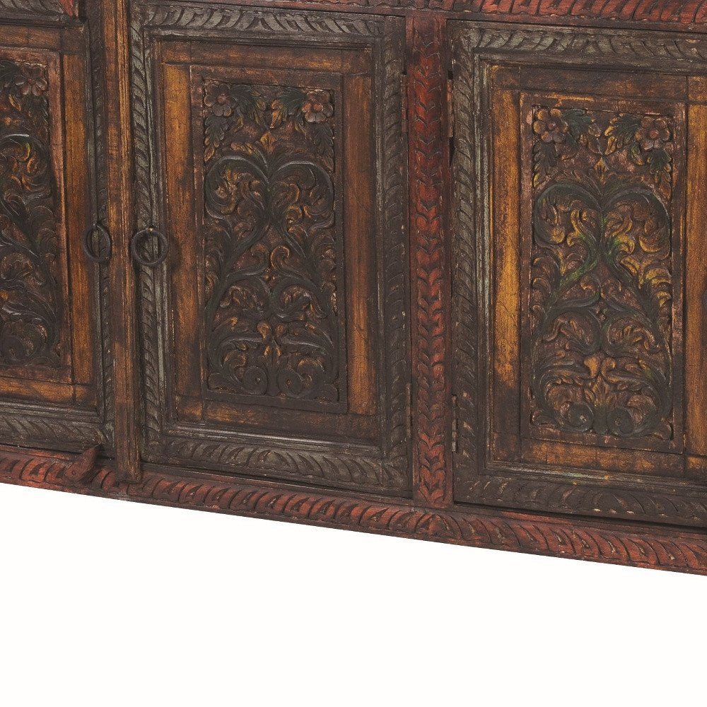 75" Red Distressed Solid Wood Carved Scrollwork Four Drawer Buffet Table With Four Doors HomeRoots