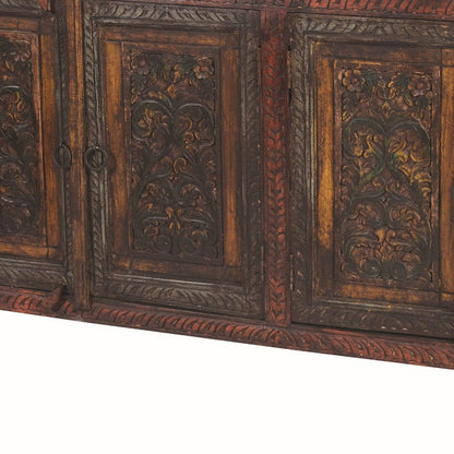 75" Red Distressed Solid Wood Carved Scrollwork Four Drawer Buffet Table With Four Doors HomeRoots