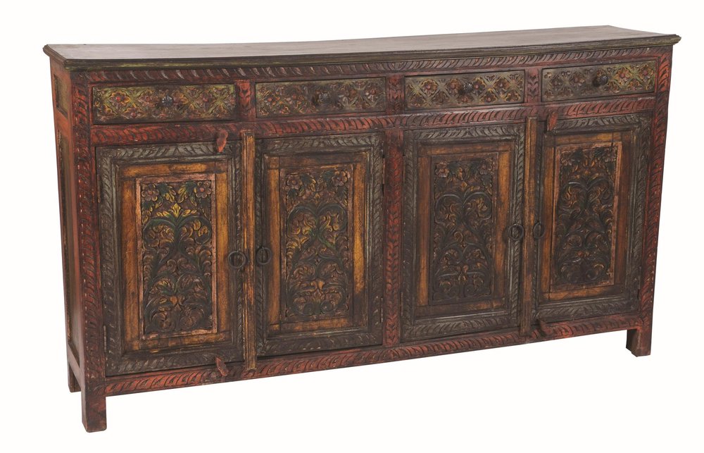 75" Red Distressed Solid Wood Carved Scrollwork Four Drawer Buffet Table With Four Doors HomeRoots