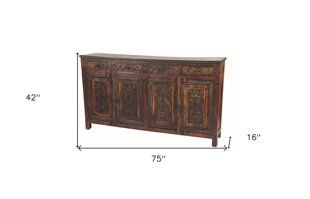 75" Red Distressed Solid Wood Carved Scrollwork Four Drawer Buffet Table With Four Doors HomeRoots