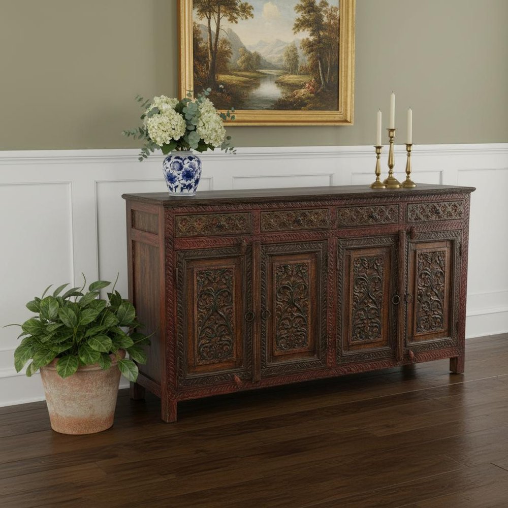 75" Red Distressed Solid Wood Carved Scrollwork Four Drawer Buffet Table With Four Doors HomeRoots