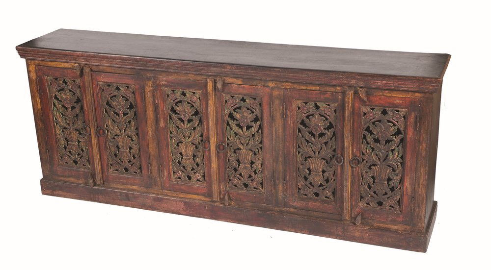 90" Red Distressed Solid Wood Carved Scrollwork Buffet Table with Six Doors HomeRoots