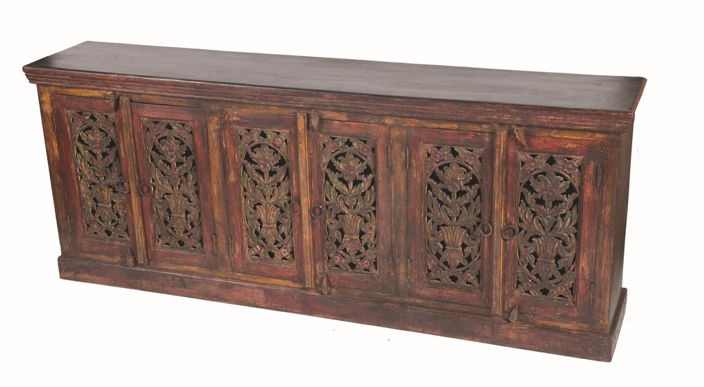 90" Red Distressed Solid Wood Carved Scrollwork Buffet Table With Six Doors HomeRoots