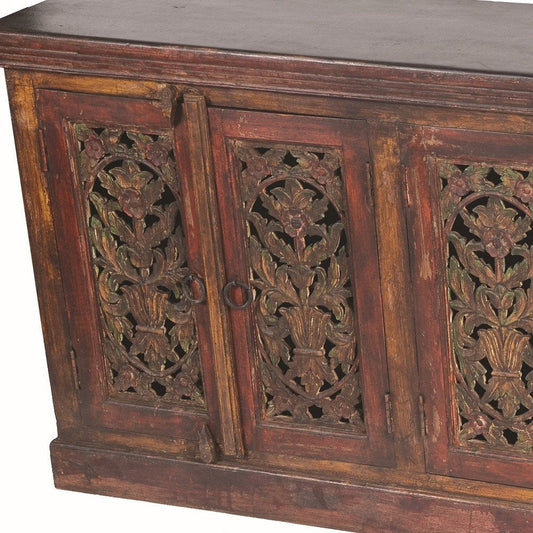 90" Red Distressed Solid Wood Carved Scrollwork Buffet Table With Six Doors HomeRoots